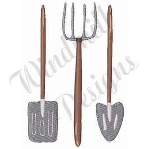 May include: Three gardening tools with brown wooden handles: a shovel, a trowel, and a hand rake.