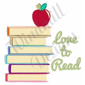 May include: A stack of colorful books with a red apple on top. The text "Love to Read" is written in green below the books.