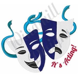 Puede incluir: Dos máscaras teatrales, una blanca con una cara sonriente y la otra azul con una cara fruncida, están entrelazadas con una cinta azul. El texto "It's Acting!" está escrito en rojo debajo de las máscaras.