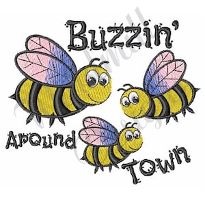 Puede incluir: Tres abejas de dibujos animados con rayas negras y amarillas, alas rosas y azules y caras sonrientes. Las abejas vuelan alrededor de las palabras "Buzzin' Around Town".