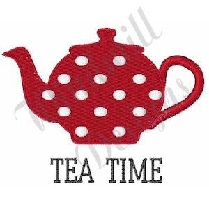 May include: Red teapot with white polka dots and the text "TEA TIME" underneath.