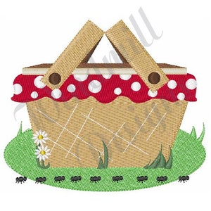May include: A red and white polka dot picnic basket with brown handles and a brown wicker base. The basket is sitting on a green grassy patch with two white daisies and a line of black ants crawling across the bottom.