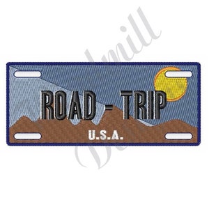 May include: A blue and brown embroidered patch with a white background. The patch features a mountain range, a sun, and the text "ROAD TRIP" with "U.S.A." below.