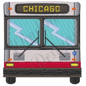May include: A white and red bus with a blue light on the side. The bus has a sign that says "CHICAGO" on the front.