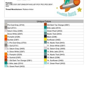 May include: An embroidery design featuring a cartoon alien in a rocket ship with the text "Outta Here". The design includes 17 unique colors, including pro cool gray, gull, saturn gray, snow white, pumpkin, sunkist, old dark tex orange, brite jade, green pearl, mystic teal, black, sunflower, and more.