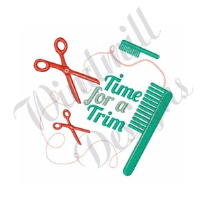 May include: Red scissors and a green comb with the text "Time for a Trim" in teal blue.