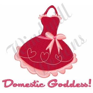 Puede incluir: Diseño bordado de un vestido rojo con un lazo rosa y corazones. El texto "Domestic Goddess!" está debajo del vestido.