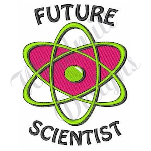 May include: A green and pink atom symbol with the text "FUTURE SCIENTIST" in black.