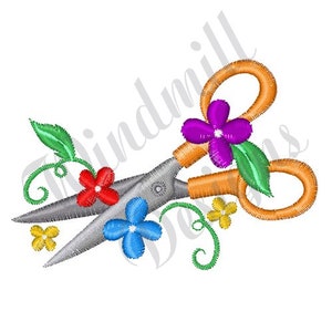 May include: A pair of orange-handled scissors with silver blades, decorated with colourful flowers and green leaves. The scissors are open and the blades are pointing to the right.