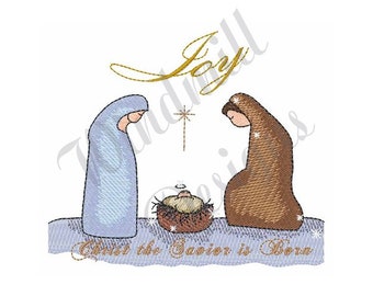 May include: A blue and brown embroidery design of the nativity scene with the text "Joy" and "Christ the Savior is Born".
