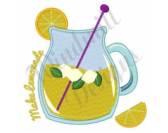 May include: A blue pitcher filled with yellow lemonade, with a purple straw and a lemon slice on the side. The text "Make Lemonade" is written on the left side of the pitcher.