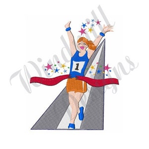 May include: An embroidered design of a person crossing a finish line with a red ribbon and confetti. The person is wearing a blue shirt with the number "1" on it.