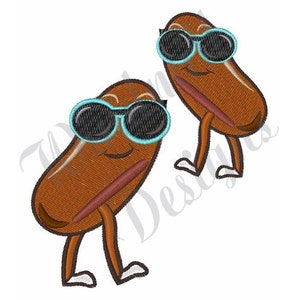 May include: Two brown beans with cartoon faces wearing blue sunglasses and standing on two legs.