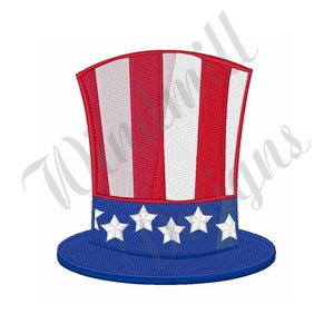 May include: A red, white, and blue Uncle Sam hat with a blue brim and white stars. The hat is a traditional symbol of the United States of America.