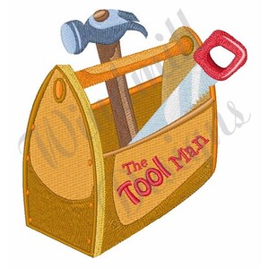 May include: A brown wooden toolbox with a hammer, saw, and a red handle. The toolbox has the text "The Tool Man" on the front.