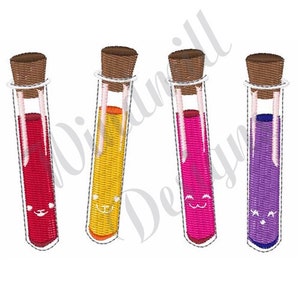 May include: Four test tubes with cork tops and different coloured liquids inside. Each test tube has a cute cartoon face drawn on the front.