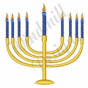 May include: A gold menorah with nine blue candles, each with a yellow flame. The menorah has a traditional design with a central stem and curved arms.