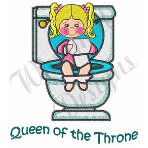 K&ouml;nnte beinhalten: Eine Cartoon-Illustration eines M&auml;dchens, das auf einer Toilette sitzt, mit dem Text "Queen of the Throne" darunter. Das M&auml;dchen tr&auml;gt ein rosa Kleid und hat blonde Haare mit Z&ouml;pfen. Die Toilette ist wei&szlig; mit einem blauen Sitz.