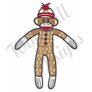 May include: A brown sock monkey with a red and white striped hat. The monkey is wearing a brown and yellow patterned outfit with white socks.