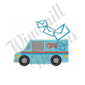 May include: A blue mail truck with red and white stripes and a red and white mail bag on the side. There are four white envelopes on top of the truck.