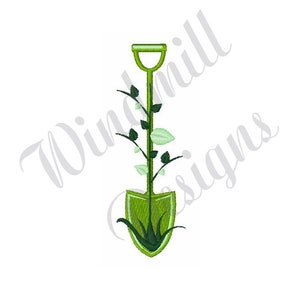 May include: A green shovel with a green plant growing out of the handle. The plant has green leaves and a brown stem.