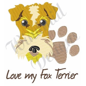May include: Embroidered design of a brown and white wirehaired fox terrier with a paw print and the text "Love my Fox Terrier".