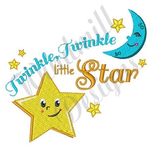 May include: Twinkle, Twinkle Little Star embroidery design featuring a yellow star with a smiling face and a blue crescent moon with a smiling face.