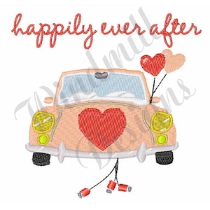 May include: An embroidered design of a pink car with a red heart on the hood and two red hearts attached to the back with strings. The text "happily ever after" is above the car.