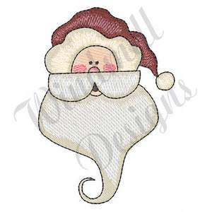 Pode incluir: Desenho bordado de um rosto de Papai Noel com barba branca, chapéu vermelho e bochechas coradas.