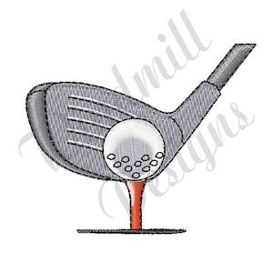 May include: A gray golf club with a white golf ball on a red tee. The club is in a raised position, as if it is about to hit the ball.