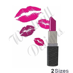 May include: A pink lipstick with a silver band and black case. There are four pink lipstick kisses around the lipstick.