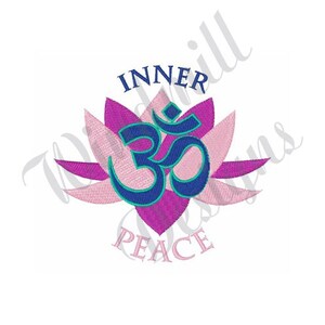 May include: A pink and purple lotus flower with a blue and teal Om symbol in the center. The text "INNER PEACE" is below the flower.
