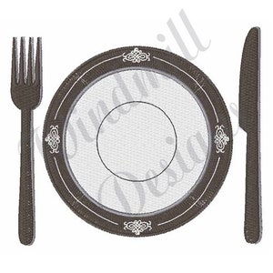 May include: A brown plate with a white center and a decorative border, a brown fork, and a brown knife. The plate, fork, and knife are arranged horizontally.