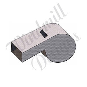 May include: A silver whistle with a black mouthpiece. The whistle is a common sports equipment used by referees and coaches.