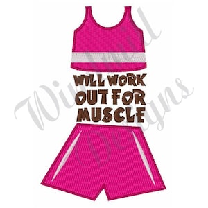 May include: Pink athletic tank top and shorts with the text "WILL WORK OUT FOR MUSCLE" in brown.