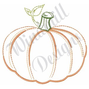 Pode incluir: Um desenho simples de uma abóbora laranja com um caule e folhas verdes. A abóbora tem uma forma arredondada com linhas para representar as cristas.