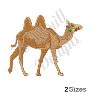 May include: A brown camel with two humps is walking to the right. The camel has a colourful beaded necklace around its neck.