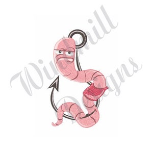 Peut inclure: Un ver rose avec un visage grognon est sur un hameçon de pêche. Le ver est enroulé autour de l'hameçon et a une bouche rouge.