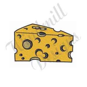 Pode incluir: Uma fatia de queijo suíço amarelo com grandes buracos. O queijo é contornado de preto.