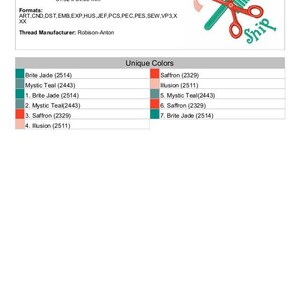 May include: A digital embroidery design for a pair of scissors with the word "Snip" repeated three times. The design includes seven unique colors: Brite Jade, Mystic Teal, Saffron, and Illusion. The design is 3.23 inches by 3.31 inches and has 7,670 stitches.