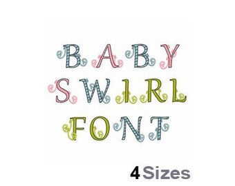 Puede incluir: Un diseño de fuente colorido con las palabras "BABY SWIRL FONT" en un estilo caprichoso con remolinos decorativos. El texto está en cuatro tamaños diferentes.