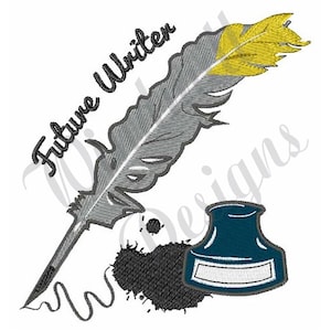 Puede incluir: Una pluma de ave gris y amarilla con un tintero negro y una salpicadura de tinta negra. El texto "Future Writer" está escrito en negro sobre la pluma.