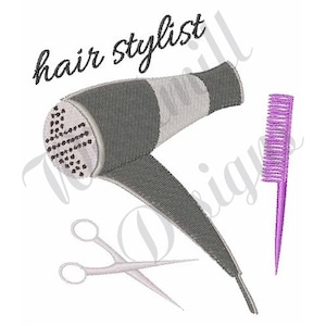 May include: Hair stylist tools embroidery design featuring a gray hair dryer, purple comb, and silver scissors. The design includes the text "hair stylist".