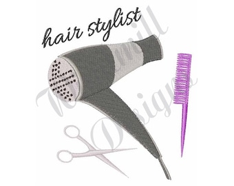 May include: Hair stylist tools embroidery design featuring a gray hair dryer, purple comb, and silver scissors. The design includes the text "hair stylist".