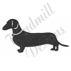 May include: Black silhouette of a dachshund dog standing on a white background.