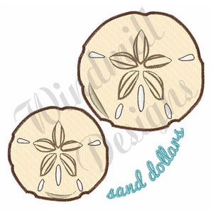 May include: Two brown-outlined sand dollars with a white center and a brown five-pointed star design. The text "sand dollars" is written in blue cursive below the sand dollars.