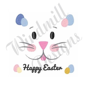 May include: A white bunny face with pink cheeks, a pink nose, and black eyes. The bunny face is surrounded by colorful Easter eggs. The text "Happy Easter" is below the bunny face.