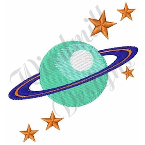 May include: A teal blue planet with a ring around it and five orange stars. The planet has a white circle in the center.