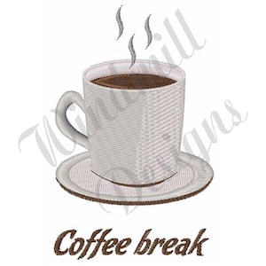 May include: A white coffee cup with brown coffee and steam rising from the top, sitting on a white saucer. The text "Coffee break" is written below the cup in brown.