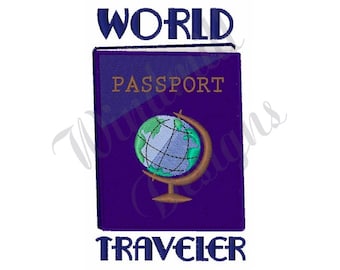 May include: A blue and white embroidered design of a passport with the words "WORLD TRAVELER" above and below the passport image. The passport has a globe on the cover.